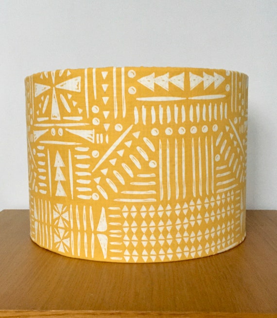 Yellow Aztec Lampshade 30cm 25cm or 20cm - Tribal pattern Fabric Handmade drum ceiling pendant or table lamp