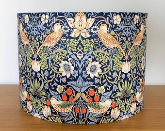 William Morris Strawberry Thief Navy blue Lampshade 40cm 30cm 25cm 20cm 15cm Fabric drum ceiling pendant table lamp various sizes metallic