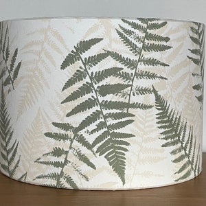 Fern leaf light green fabric drum lampshade Handmade ceiling pendant or table lamp 20cm 25cm 30cm 40cm Large small botanical nature pattern