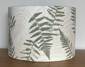 Fern leaf light green fabric drum lampshade Handmade ceiling pendant or table lamp 20cm 25cm 30cm 40cm Large small botanical nature pattern