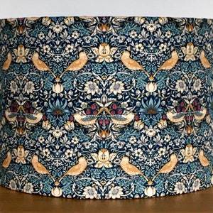 William Morris Strawberry thief teal blue 35cm 30cm 25cm 20cm 15cm - Fabric drum ceiling pendant or table lamp or floor lamp metallic gold