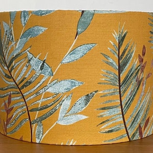 Mustard yellow & Green leafy lampshade tropical botanical 40cm 30cm 25cm 20cm 15cm Fabric drum ceiling pendant or table lamp metallic gold