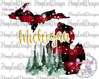 Michigan Christmas Sublimation Transfer Ready to Press, Custom Image Printed Sublimation Transfers, Buffalo Plaid, Pine Trees
