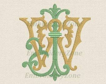 Double wedding monogram J & W machine embroidery designs WJ WJ. 2 letters W and J old style Font J and W embroidery patterns.7 sizes