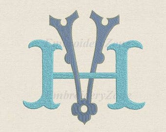 Double antique monograms old style H & V Machine embroidery designs 2 monogram H and V intertwined. Fonts HV VH. 7 sizes 4x4 5x7 6x10