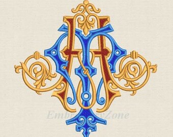 Double wedding monogram A & T machine embroidery designs AT TA. 2 letters T and A old style Font A and T embroidery pattern.5 sizes