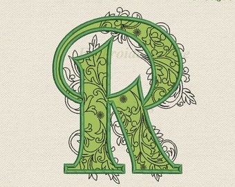 Large letter R Applique machine embroidery design Monogram R Floral Curls embroidery pattern Swirl vine font R Not whole alphabet - 3 Sizes.