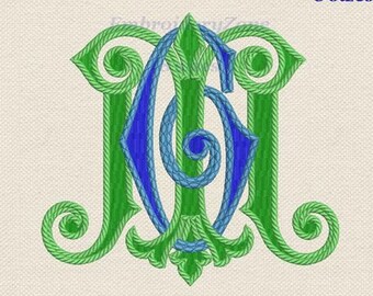 Double wedding monogram G & M machine embroidery designs GM MG. 2 letters M and G old style Font G and G embroidery patterns.8 sizes