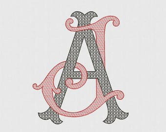 Double monograms A & J with easy filling machine embroidery designs AJ JA. 2 letters A J font A and J embroidery patterns.10 sizes