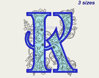 Large letter K Applique machine embroidery design Monogram K Floral Curls embroidery pattern Swirl vine font K Not whole alphabet - 3 Sizes.