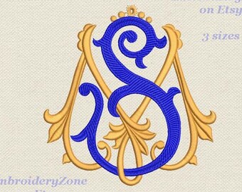 Double wedding monogram S & M machine embroidery designs SM MS. 2 letters S and M old style Font M and S embroidery patterns.3 sizes