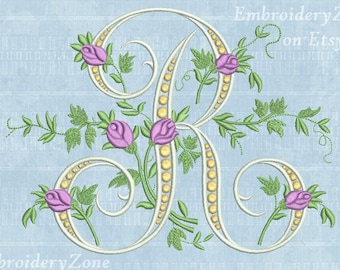 R, monogram R machine embroidery design letter R from beautiful alphabet with rose buds, R embroidery pattern no font, alphabet. 2 sizes.