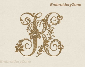 Monogram Letter K machine embroidery design style of French hand cross-stitch and Classic cross-stitch, font k. Not whole alphabet.