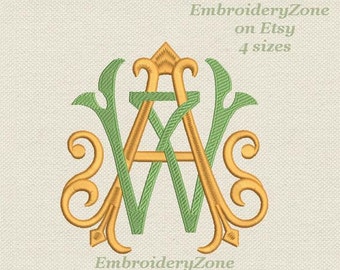 Double wedding monogram A & W machine embroidery designs AW WA. 2 letters A and W old style Font A and W embroidery patterns. 4 sizes