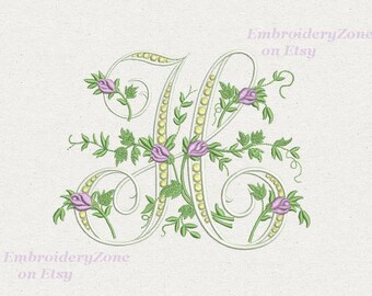 H monogram Machine Embroidery design letter H from beautiful alphabet from old book Font H embroidery pattern. Hoop 5x7 6x10. 2 sizes.