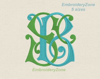 Double wedding monogram B & S machine embroidery designs BS SB. 2 letters B and S old style Font B and S embroidery patterns. 5 sizes