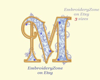 Large letter M Applique machine embroidery design Monogram M Floral Curls embroidery pattern Swirl vine font M Not whole alphabet - 3 Sizes.