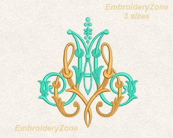 Double wedding monogram M & V machine embroidery designs VM MV. 2 letters M and V old style Font V and M embroidery patterns.9 sizes