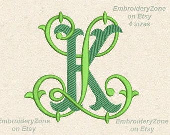 Double wedding monogram K & L machine embroidery designs KL LK. 2 letters K and L old style Font K and L embroidery patterns. 4 sizes