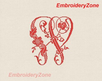 Monogram Letter W with cornflowers style of French hand and Classic cross-stitch MACHINE embroidery design.Hoop 5x7. Old font W. No alphabet