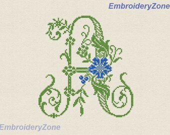 Monogram Letter A with cornflowers style of French hand and Classic cross-stitch MACHINE embroidery design.Hoop 5x7. Old font A. No alphabet