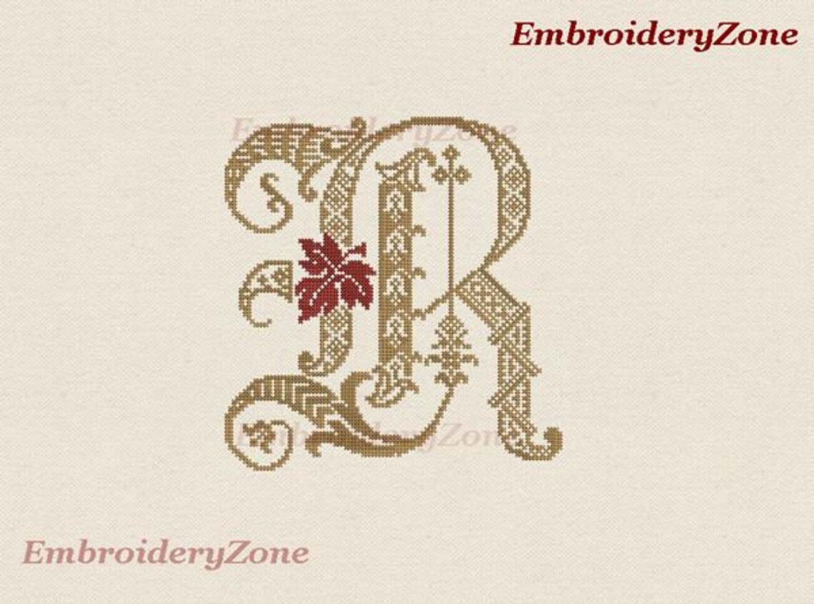 Decor monogram R with leaf. Embroidery design Letter R Gothic Etsy