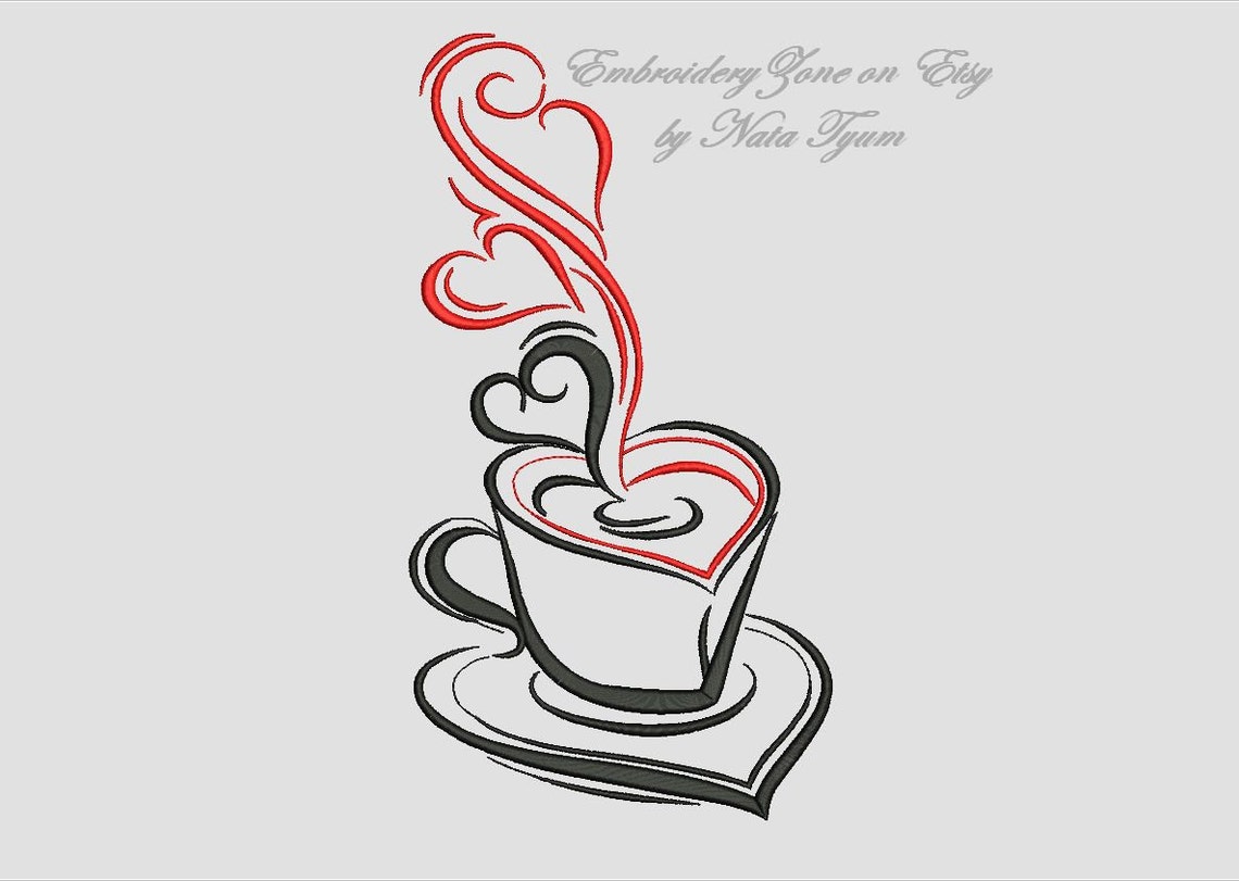 Coffee cup embroidery design with heart lover coffee machine  etsy