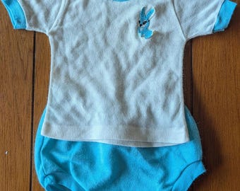 Vintage Toddle Time Baby Outfit: Embroidered Bunny, Lined Diaper Cover (Size 1)