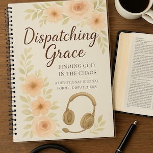 May include: A spiral-bound journal titled "Dispatching Grace" with floral accents and the text "Finding God in the Chaos." A cup of coffee, a Bible, a pen, and headphones are also on the wooden surface.
