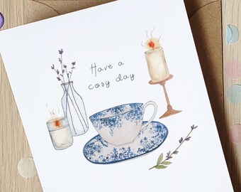 Have a cosy day! - whimsical tea and candles pun card - 100% recycled with envelope