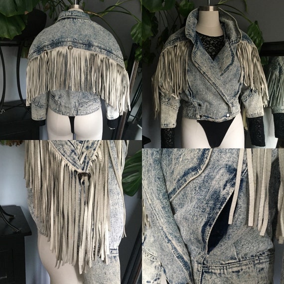 Vintage 80s Western Fringe Denim Acid Washed crop