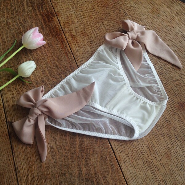 Tie side mesh panties. Ivory mesh with nude blush ties. Handmade to order by Nahina Lingerie