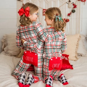 Matching Family Christmas Pajamas with personalized embroidered Butt Flap - infant babies toddler youth adult sizes - red white green plaid