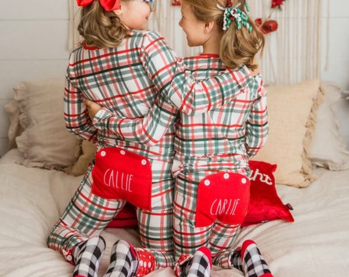 Matching Family Christmas Pajamas with personalized embroidered Butt Flap - infant babies toddler youth adult sizes - red white green plaid