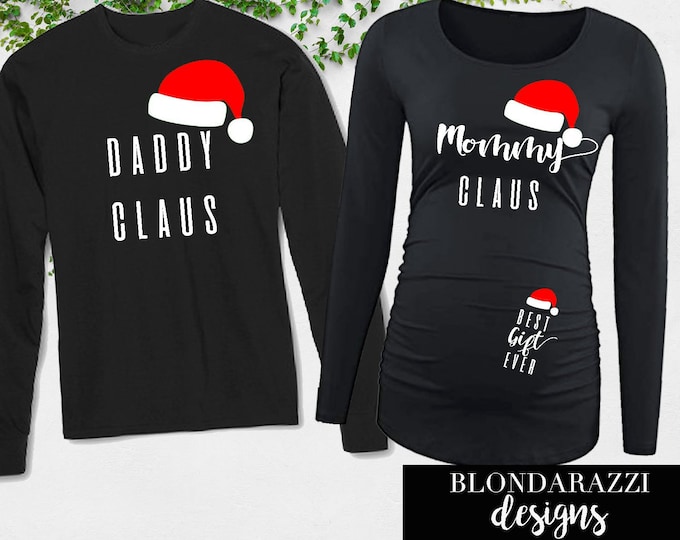 Daddy Claus Mommy Claus Christmas Baby Announcement Shirts Long Sleeve Maternity Style with Santa Hats