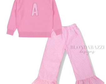 Girls Easter Outfit with sweater and matching plaid ruffle pants personalized embroidered applique pink white for toddlers children kids