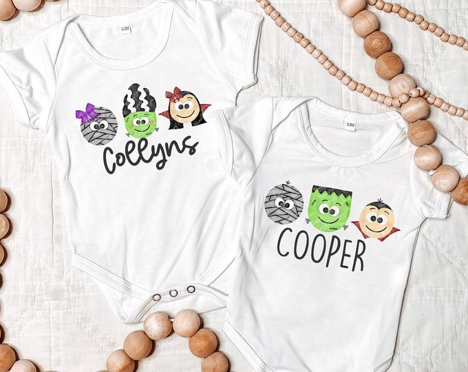 Baby Halloween Outfit with Personalized Name - Graphic of watercolor halloween monsters mummy vampire and frankenstein for boys or girls