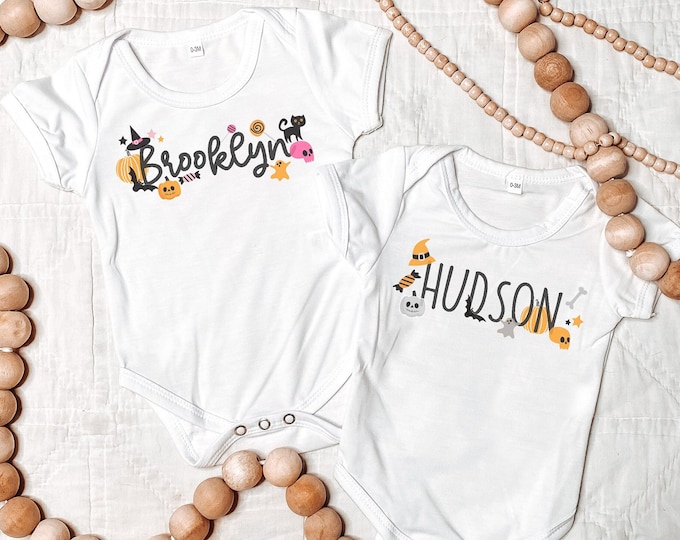 Personalized Halloween Baby Outfit with custom name and cute halloween font characters and icons