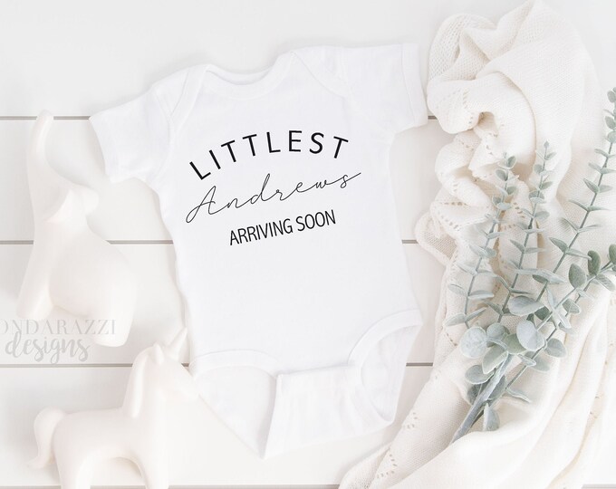Littlest Family Member Arriving Soon Baby Bodysuit Pregnancy Announcement Outfit Custom Personalized with last name