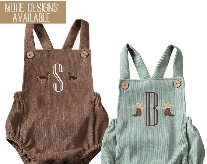 Country Western Baby Outfit for boys overalls suspenders lightweight corduroy bubble romper with embroidered monogram initial and character