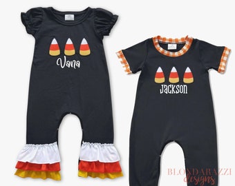 Cute Halloween Baby Romper Outfit for boy or girl with candy corn applique embroidered and personalized name