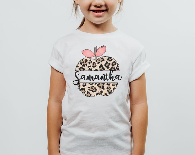 Girls Back To School Shirt - Leopard Print Teacher's Apple with Personalized Name 1st day of school shirt