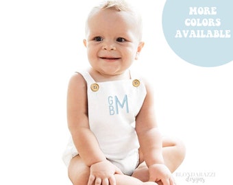 Cute Baby Outfit for boy or girl unisex overalls suspenders bubble romper with embroidered personalized monogram