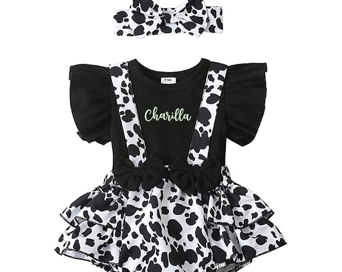 Baby Girl Cow Print Ruffle Romper Outfit With Personalized Embroidered name and cute matching headband - country rodeo farm animal birthday