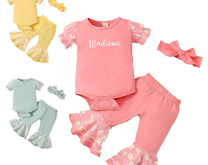 Cute Baby Girl Outfit with Pastel Pink Blue or Yellow Flare Bell Bottoms Puffy Sleeves and Daisy Flower Details and Embroidered name
