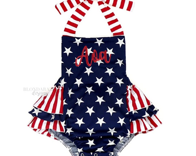 Baby Girl Fourth of July Outfit Navy Blue with Stars and Stripes Romper with Ruffle bottom and Personalized Embroidered Name