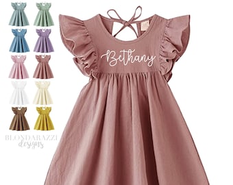 Toddler Girls Dress with Flare Ruffle Sleeves and Tie Back with Embroidered Name Lightweight for Summer Spring or Fall