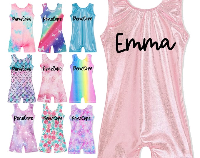 Personalized Gymnastics Leotard Biketard with a name for little girls - bright pastel colors shiny sparkly patterns