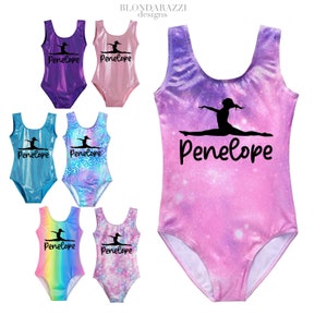 Girls Gymnastics Leotard with Personalized Name - shiny sparkly metallic pink purple blue rainbow pastel hearts galaxy tie dye leopard