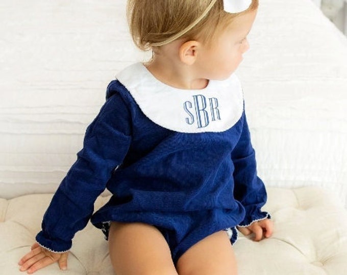 Baby Girls Bishop Collar Bubble Romper with Personalized Embroidery Monogram - Long Sleeve Outfit with Corduroy Fabric - Navy Blue Green Red